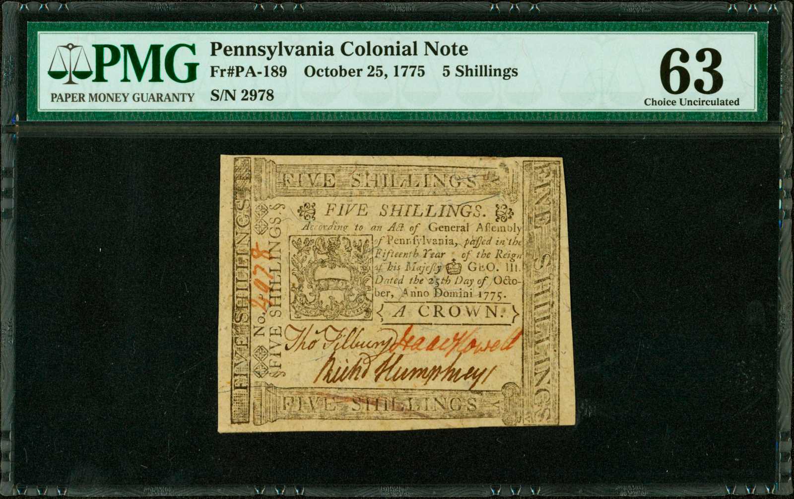 image for: PA-189. Pennsylvania. October 25, 1775 5 Shillings. PMG Choice Uncirculated 63.