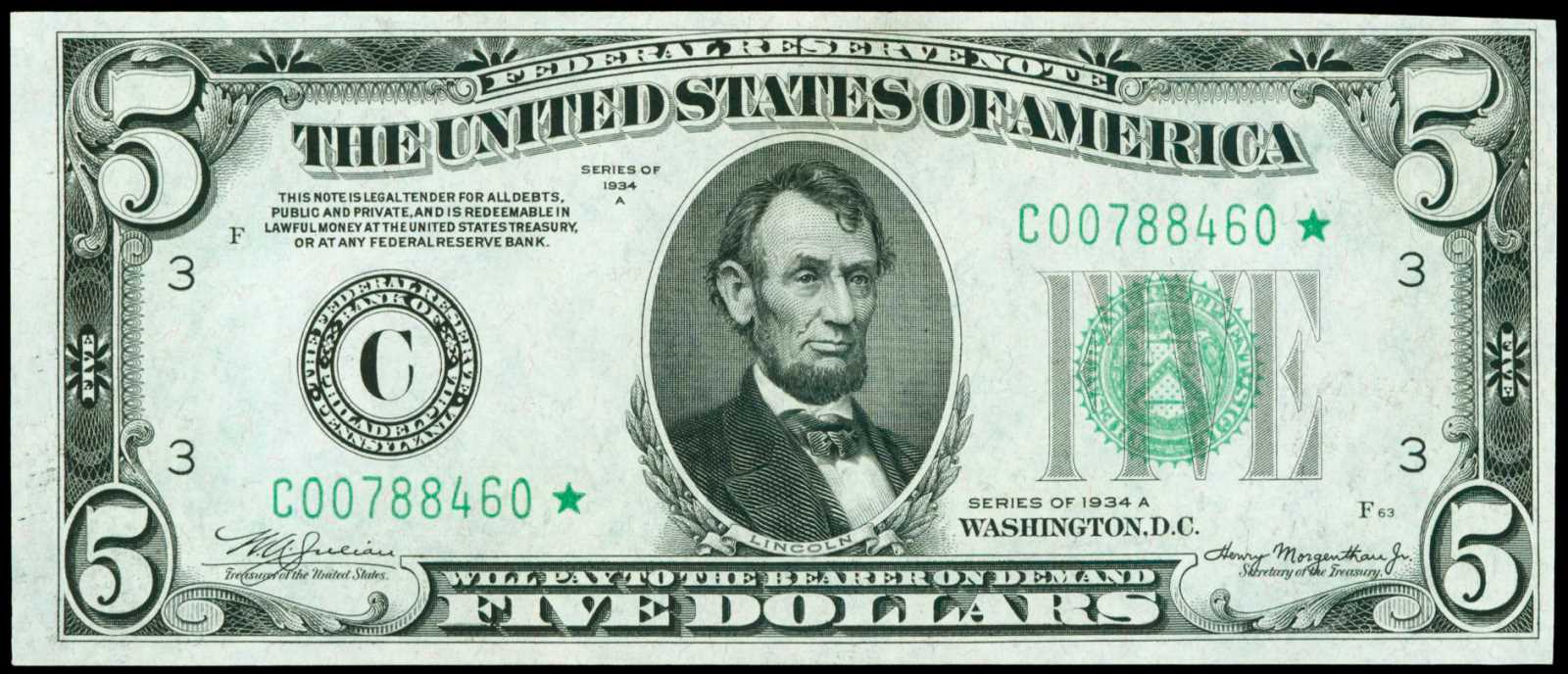 image for: Fr. 1957-C*. 1394A $5 Federal Reserve Star Note. Philadelphia. Choice About Uncirculated.