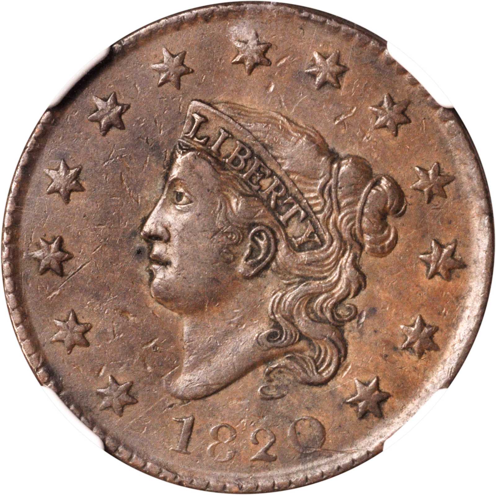 image for: 1820 Matron Head Cent. N-11. Rarity-2. Large Date. VF-30 BN (NGC).