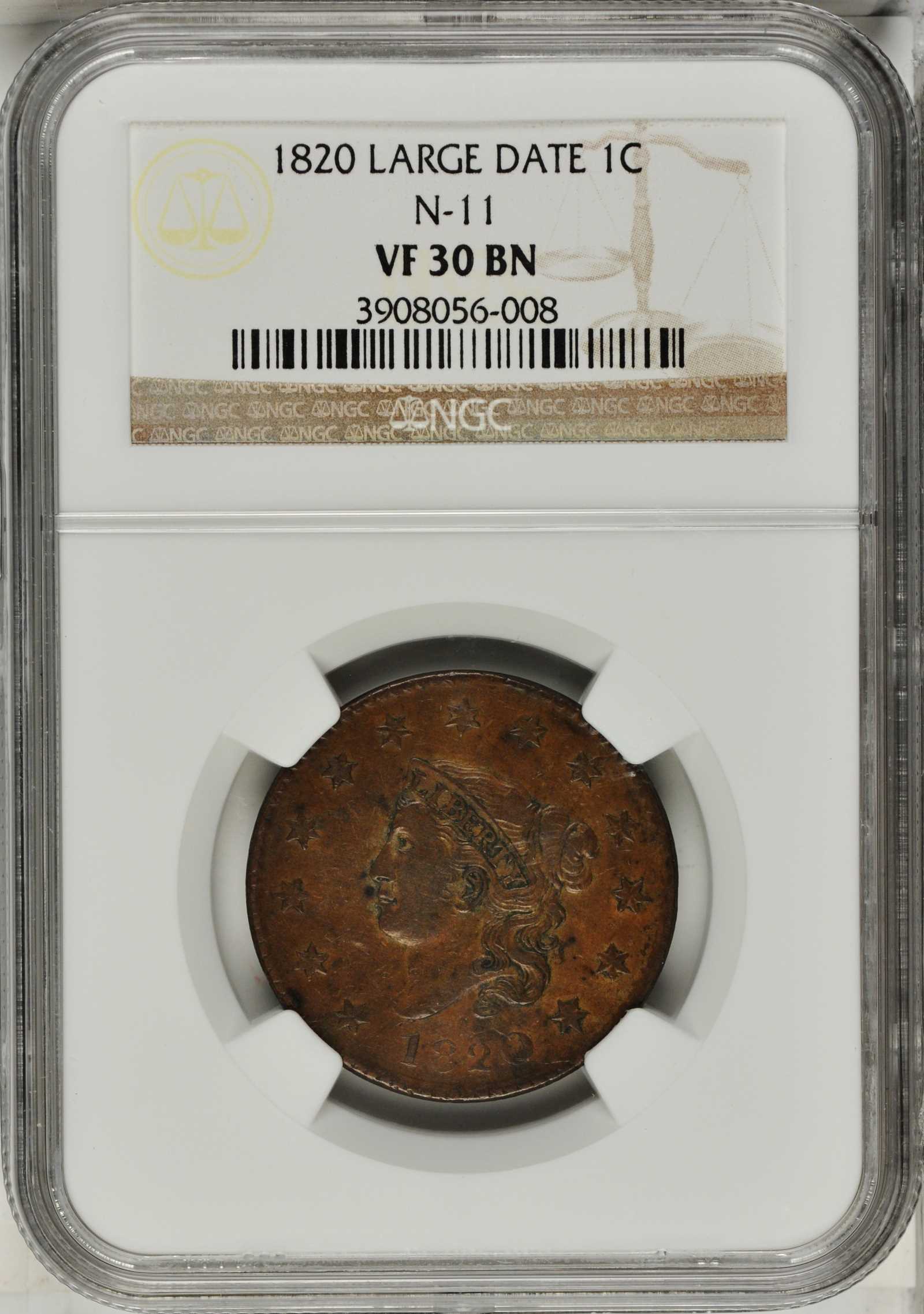 image for: 1820 Matron Head Cent. N-11. Rarity-2. Large Date. VF-30 BN (NGC).