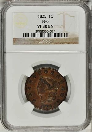 image for: 1825 Matron Head Cent. N-6. Rarity-3. VF-30 BN (NGC).