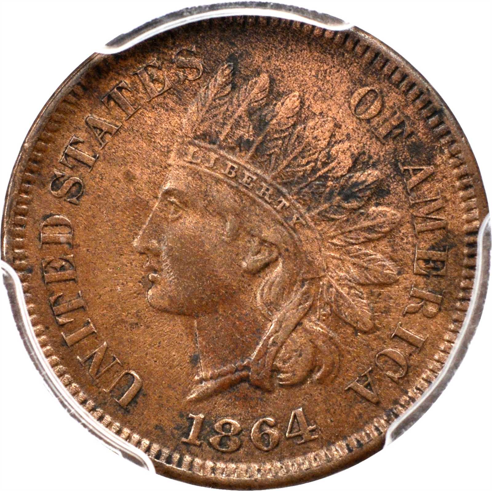 1864 Indian Cent. Bronze. L on Ribbon. Unc Details--Environmental Damage (PCGS).