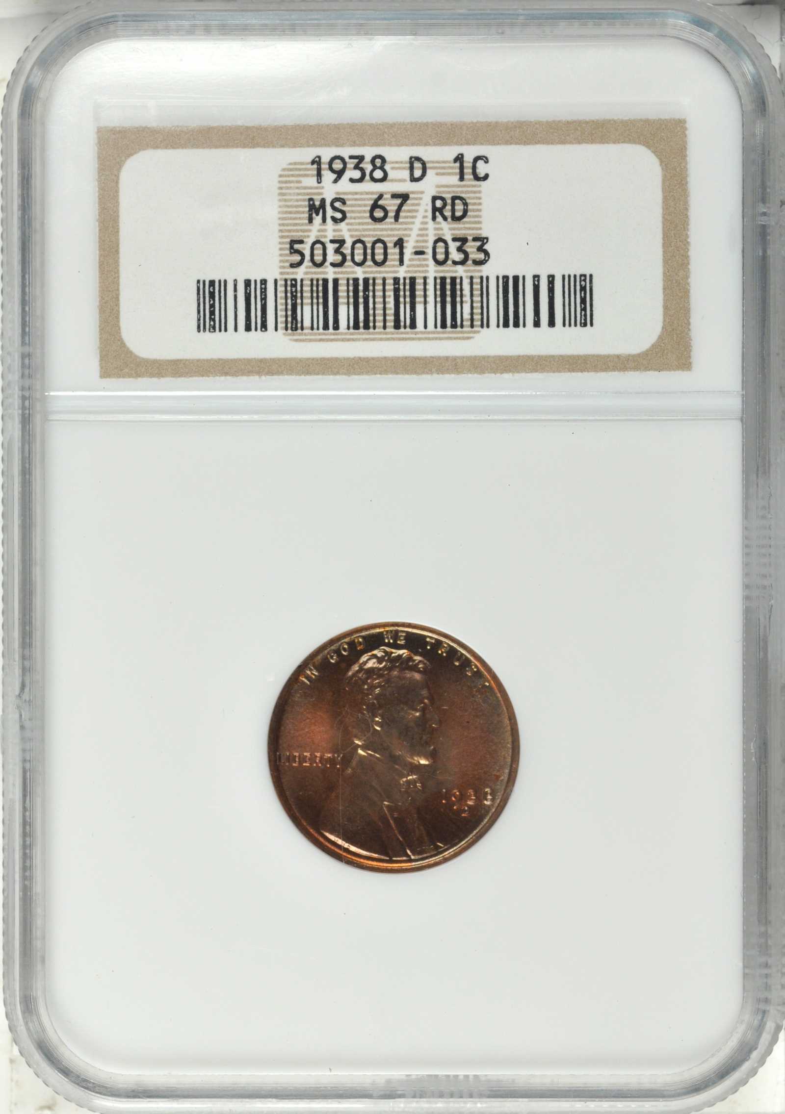 image for: 1938-D Lincoln Cent. MS-67 RD (NGC).