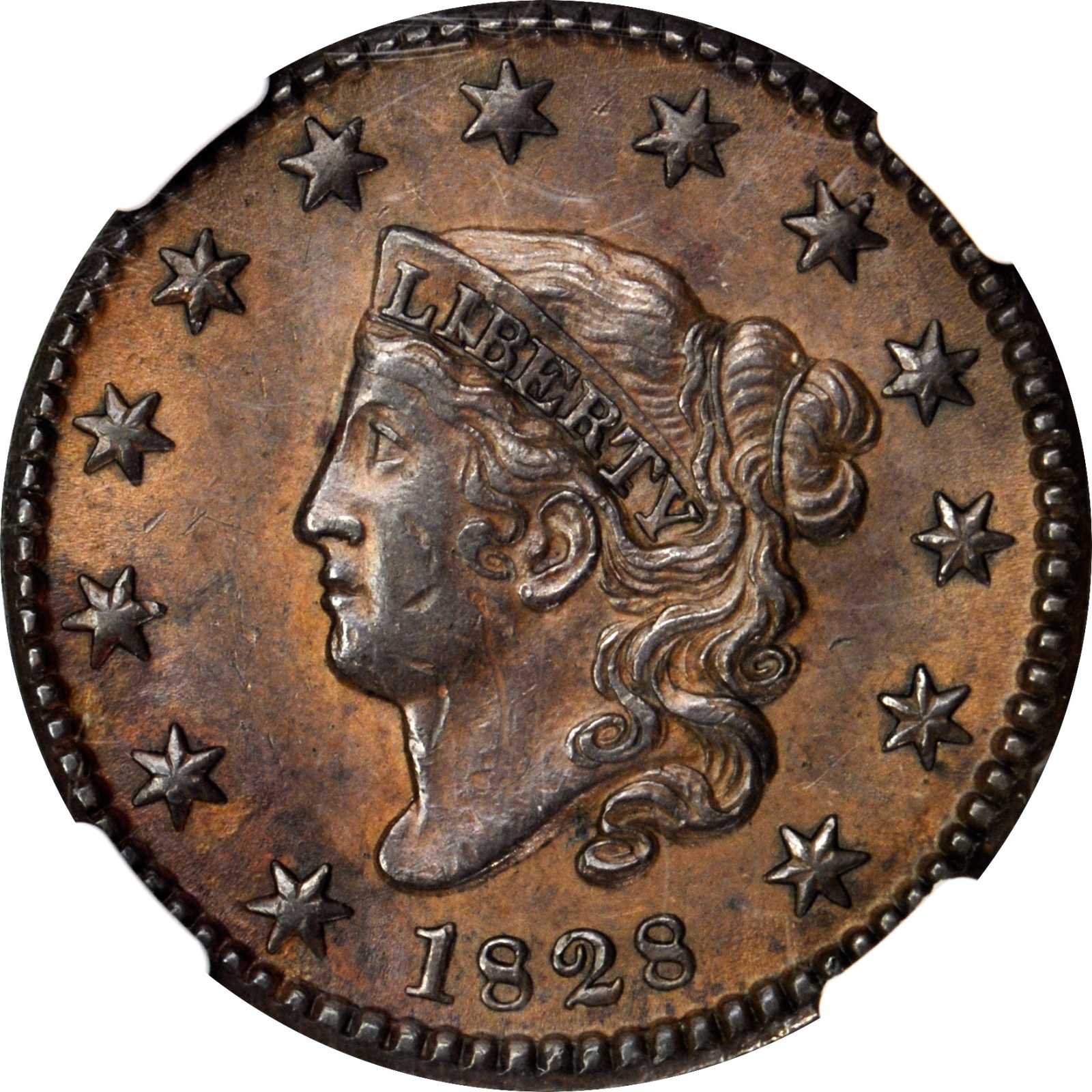 image for: 1828 Matron Head Cent. N-10. Rarity-1. Small Wide Date. AU-58 BN (NGC).
