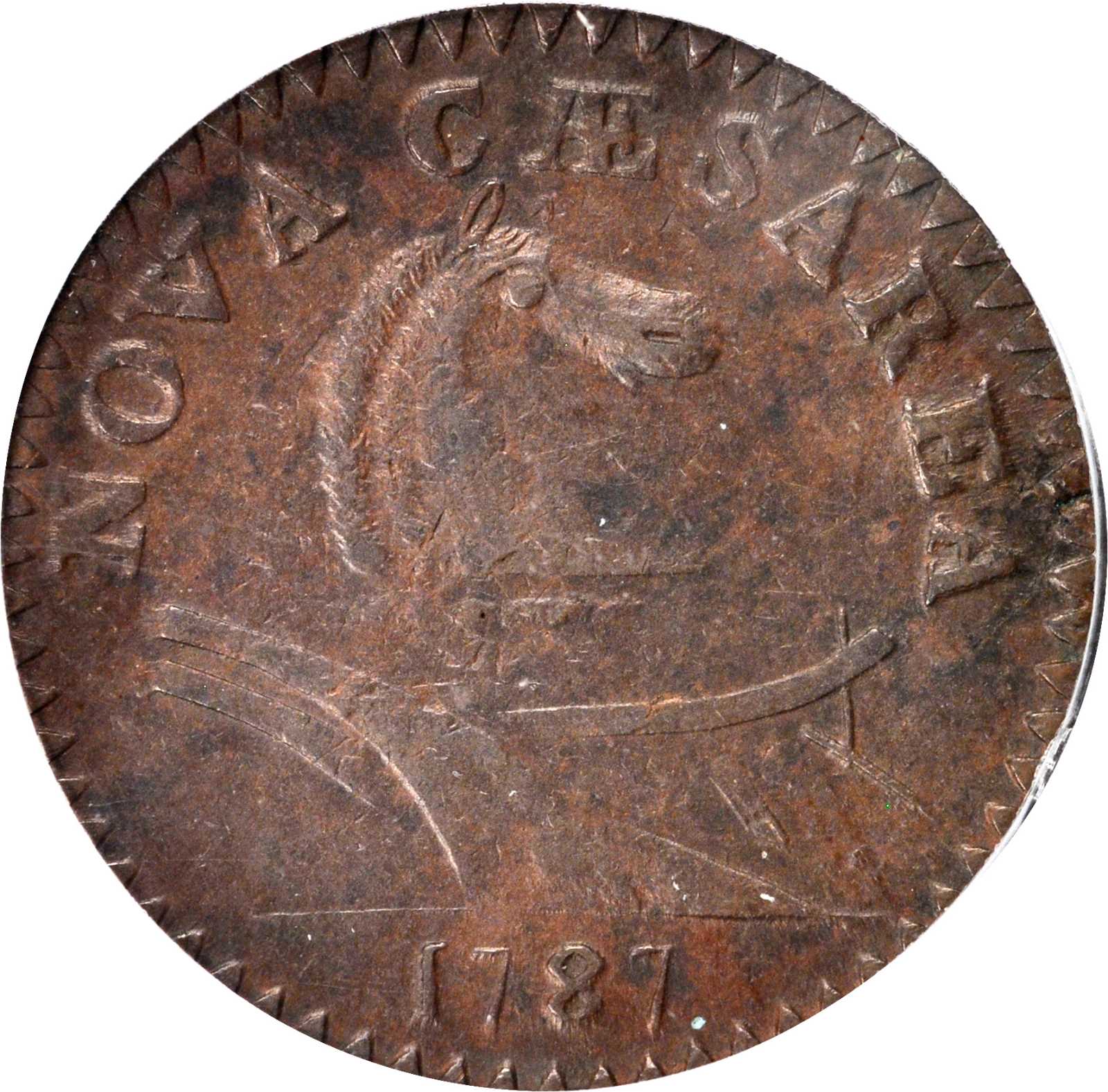 1787 New Jersey Copper. Maris 43-d, W-5225. Rarity-1. Plain Shield. AU-58 (PCGS).
