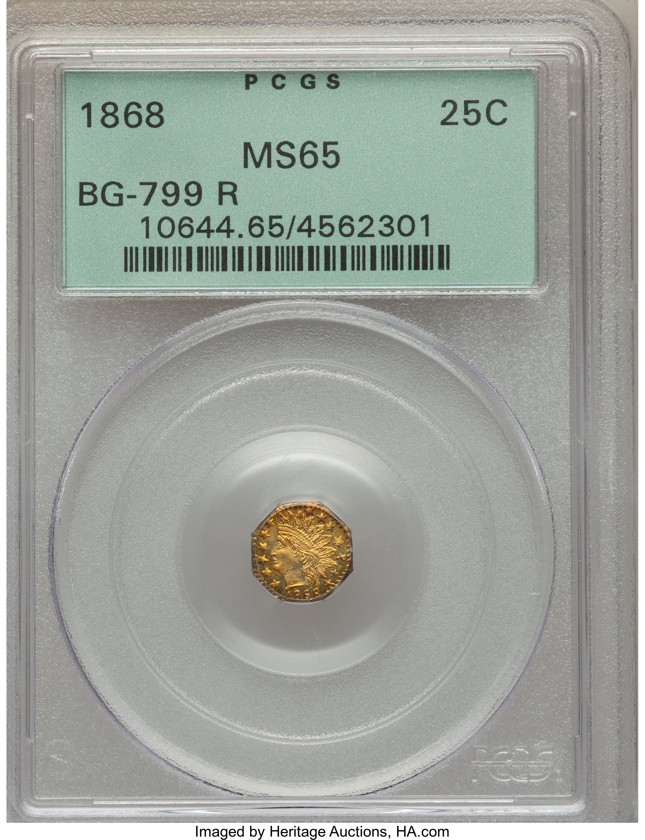 image for: 1868 25C Indian Octagonal 25 Cents, BG-799R, R.7, MS65 PCGS....