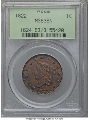 image for: 1822 1C N-1, R.3, MS63 Brown PCGS. Our EAC Grade AU50....