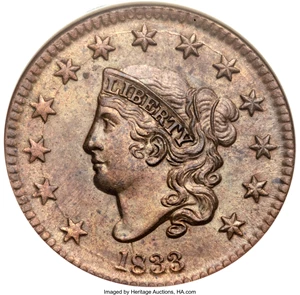 image for: 1833 1C N-5, R.1, MS64 Brown NGC. CAC. Our EAC Grade MS60....
