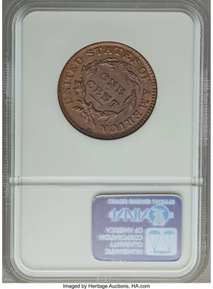 image for: 1833 1C N-5, R.1, MS64 Brown NGC. CAC. Our EAC Grade MS60....
