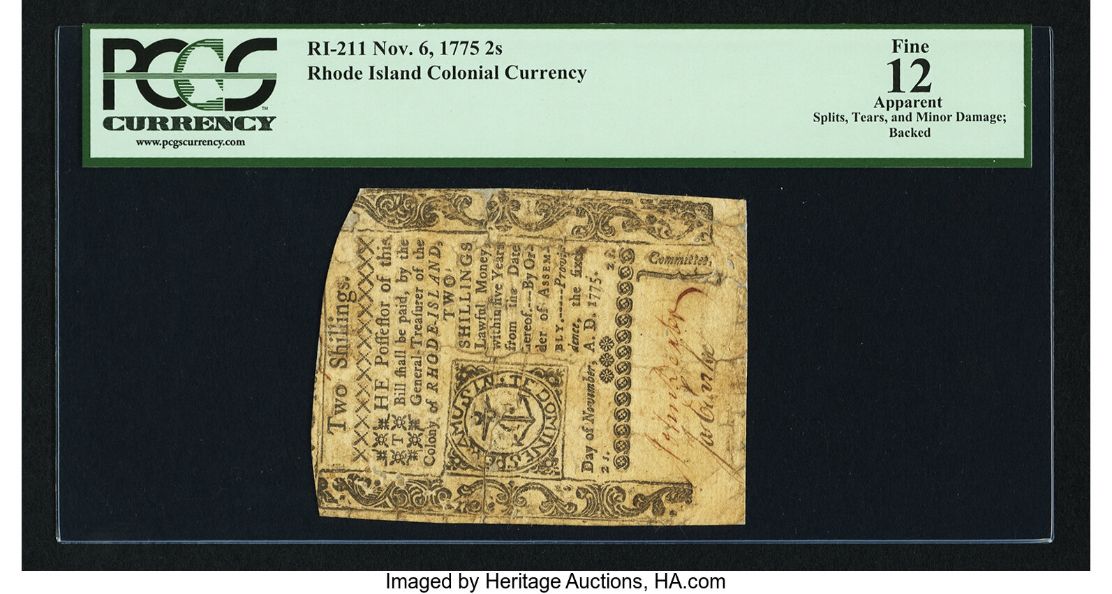 image for: Rhode Island November 6, 1775 2S PCGS Apparent Fine 12....
