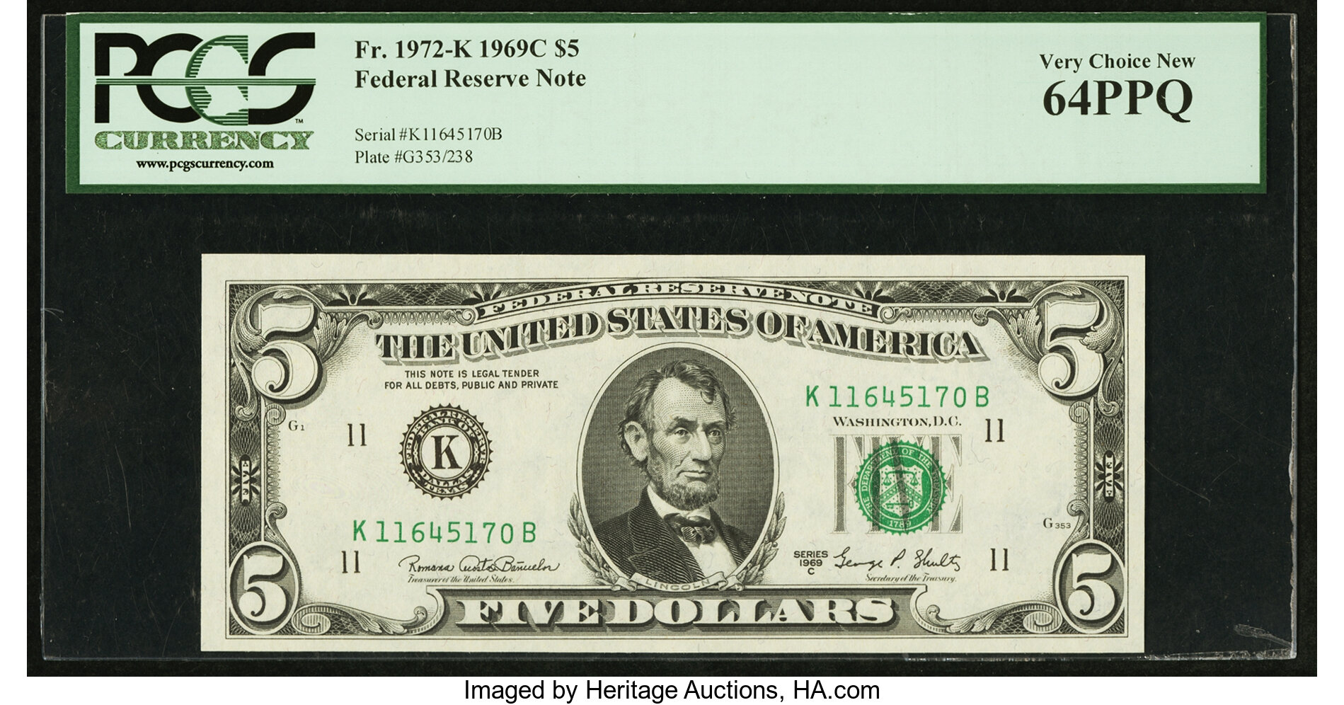 image for: Fr. 1972-K $5 1969C Federal Reserve Note. PCGS Very Choice New 64PPQ....