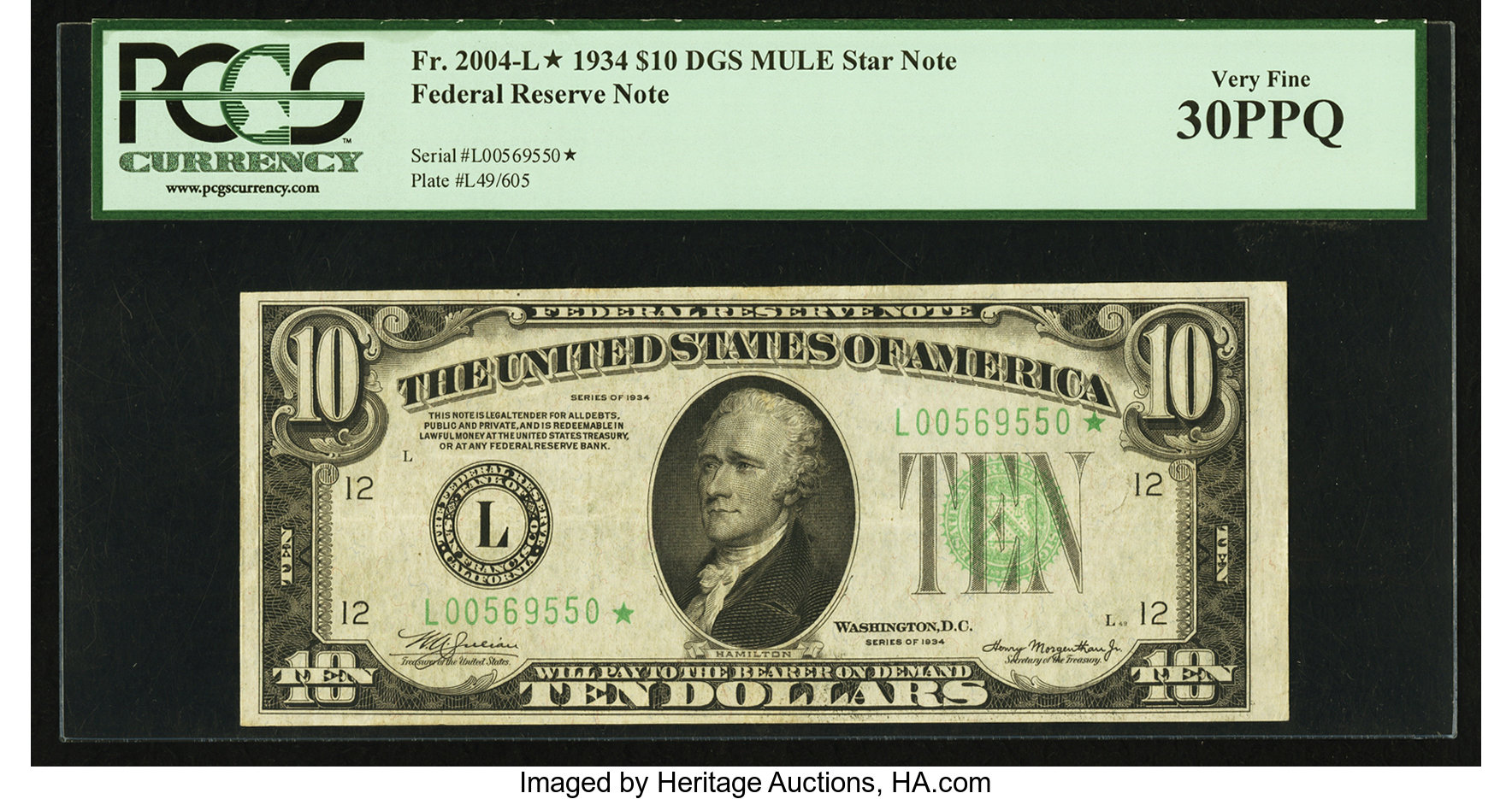 image for: Fr. 2005-L* $10 1934 Dark Green Seal Mule Federal Reserve Star Note. PCGS Very Fine 30PPQ....