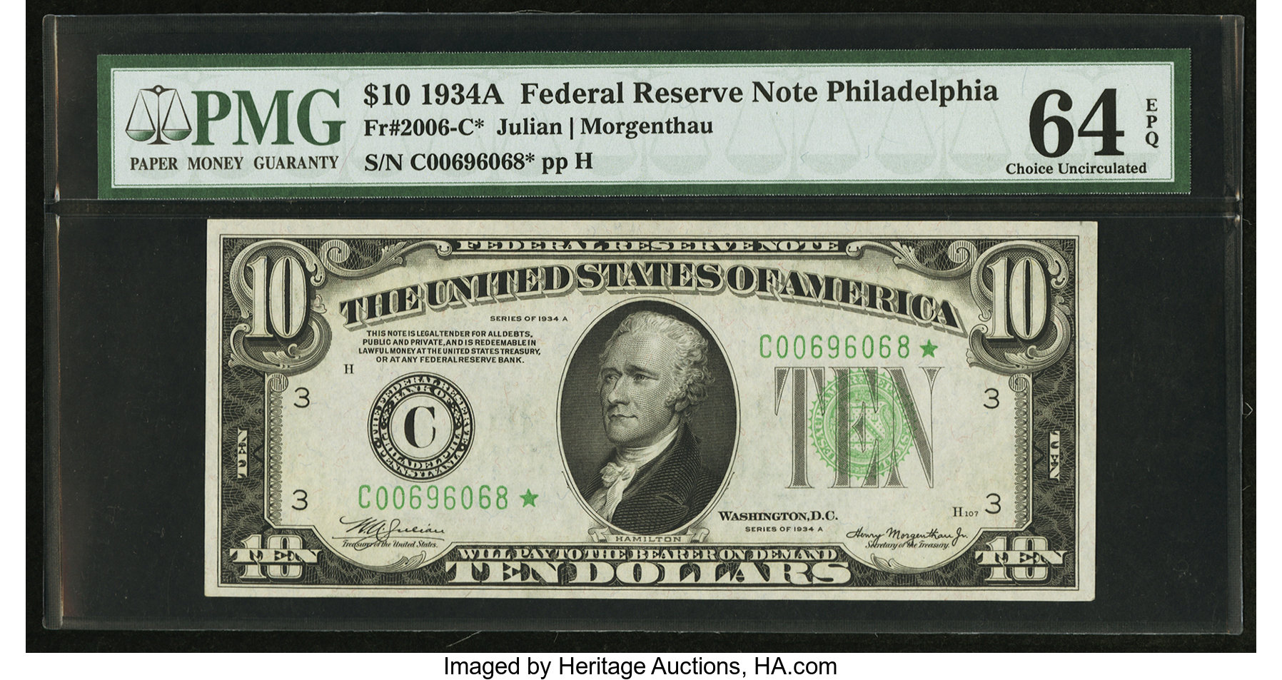 image for: Fr. 2006-C* $10 1934A Federal Reserve Star Note. PMG Choice Uncirculated 64 EPQ....