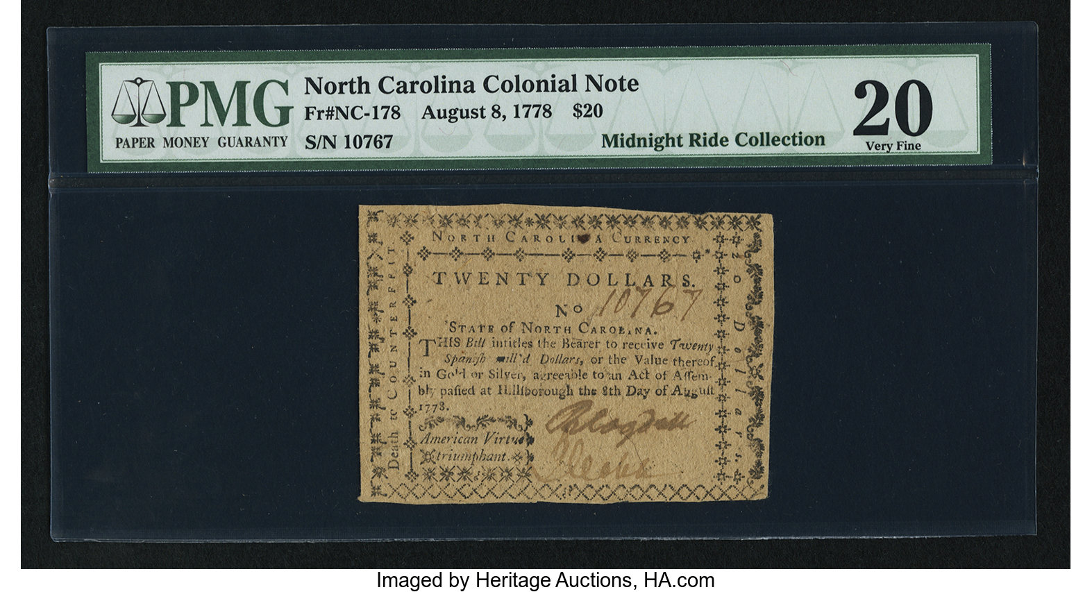 image for: North Carolina August 8, 1778 $20 American Virtue Triumphant PMG Very Fine 20....
