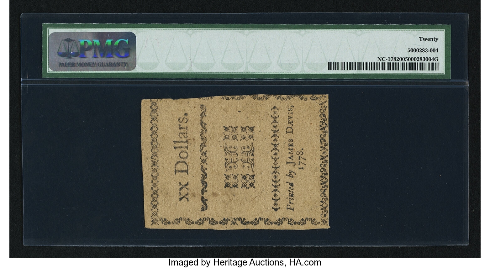 image for: North Carolina August 8, 1778 $20 American Virtue Triumphant PMG Very Fine 20....