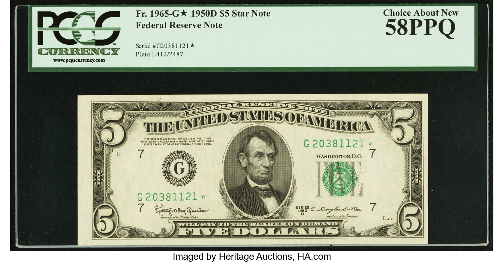 image for: Fr. 1965-G* $5 1950D Federal Reserve Star Note. PCGS Choice About New 58PPQ....