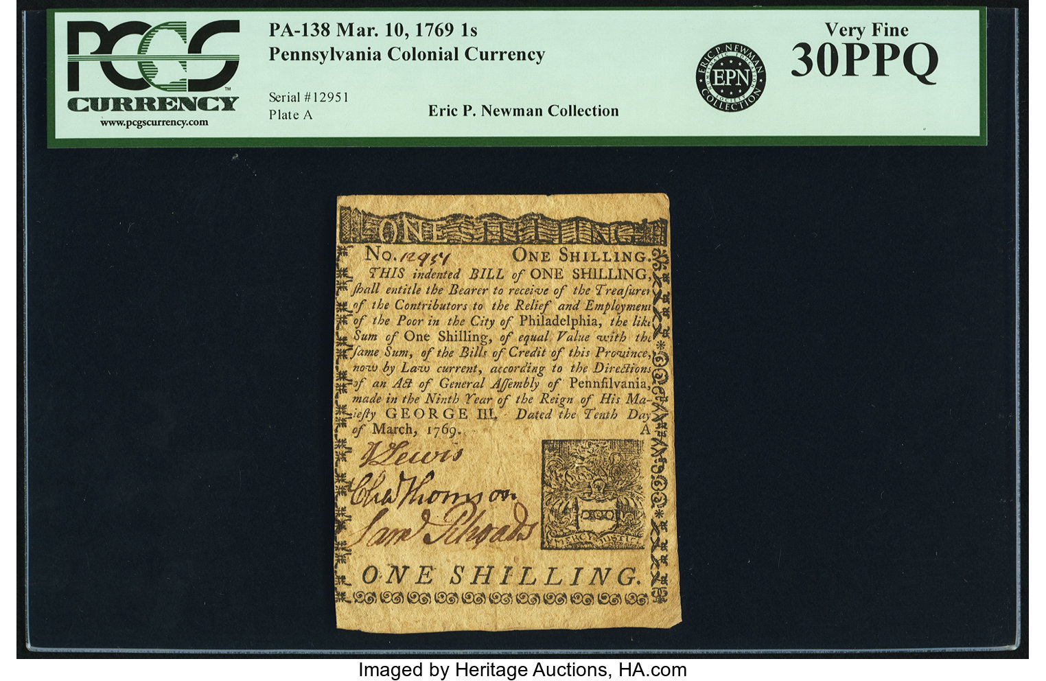 image for: Pennsylvania March 10, 1769 1 Shilling Fr. PA-138. PCGS Very Fine 30PPQ....