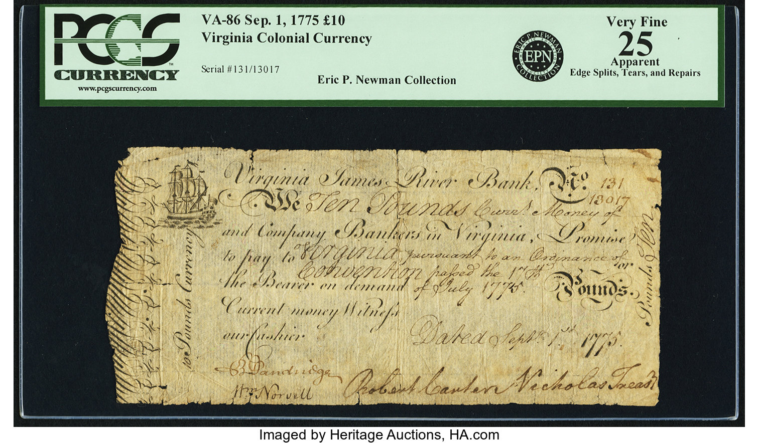 image for: Virginia September 1, 1775 10 Pounds James River Bank Form Fr. VA-86. PCGS Very Fine 25 Apparent....