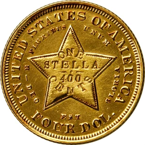 image for: 1880 Four-Dollar Gold Stella. Coiled Hair. Judd-1660, Pollock-1860. Rarity-6. Gold. Reeded Edge. Proof. Unc Details--Polished (PCGS). Secure Holder.