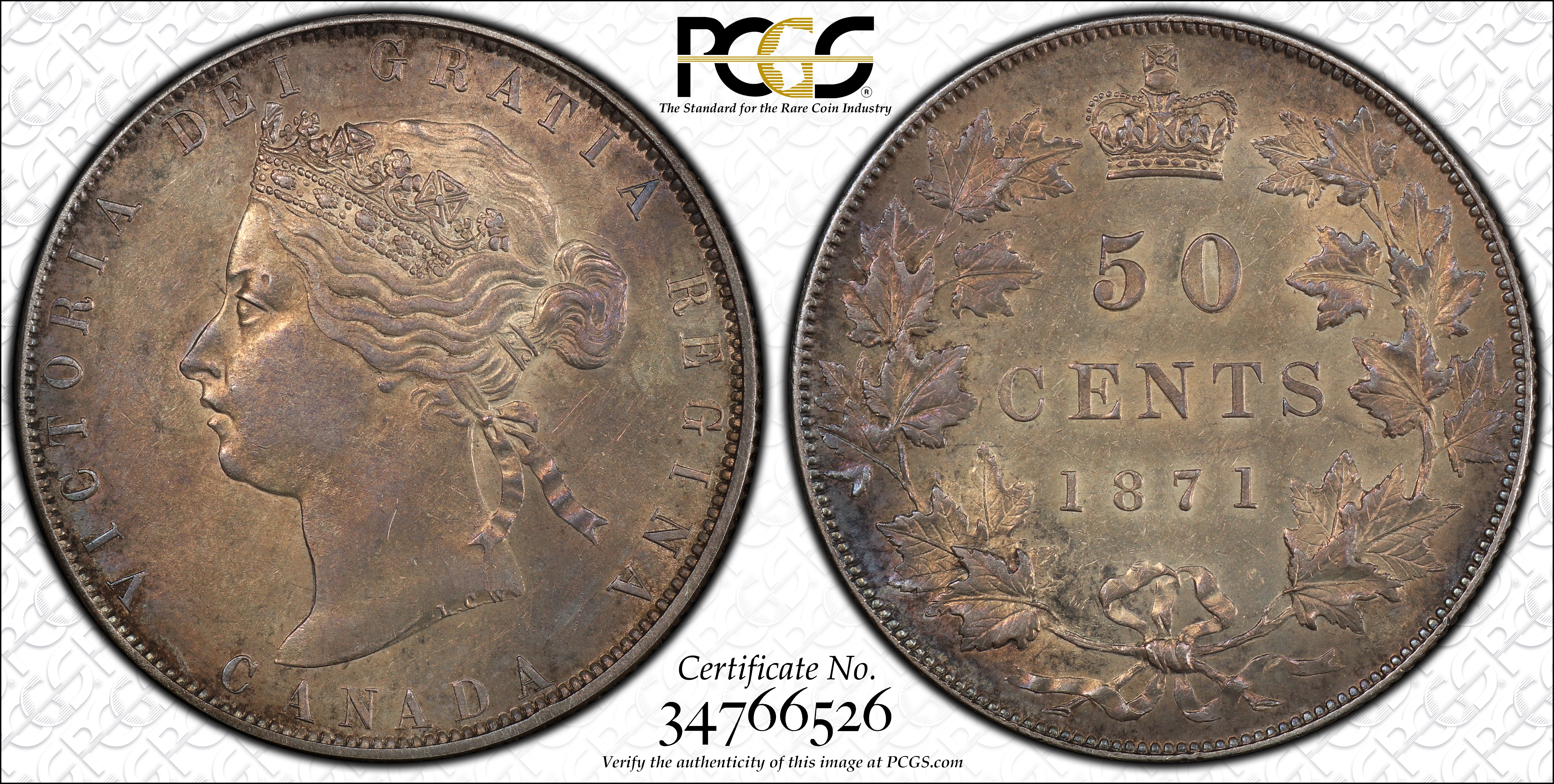 image for: CANADA. 50 Cents, 1871. London Mint. PCGS AU-53 Gold Shield.