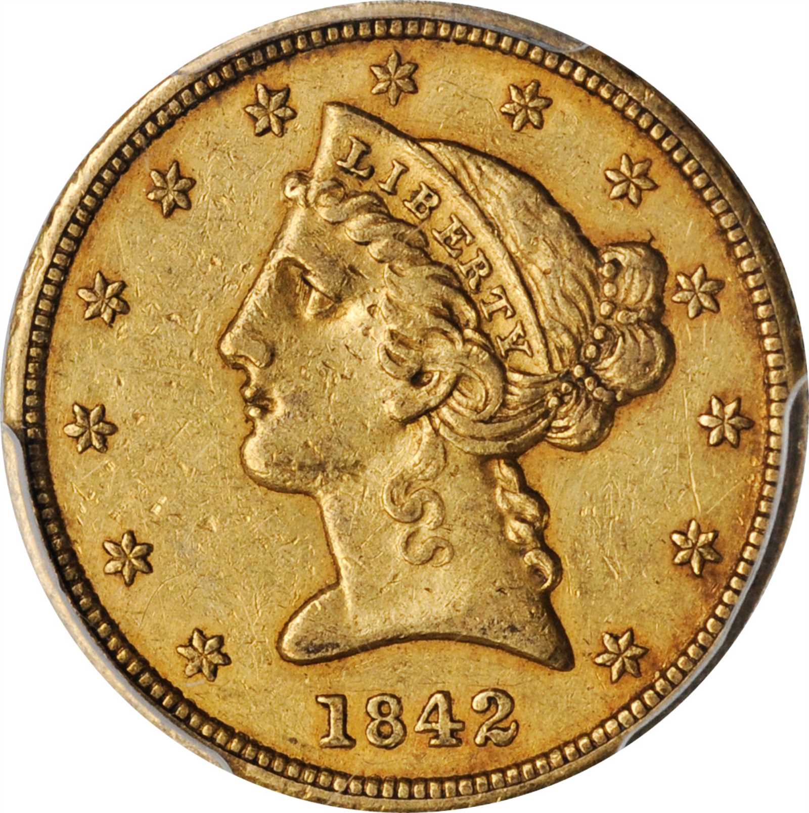image for: Counterstamped J. HALL on an 1842 Large Letters Liberty Head Half Eagle. Brunk-Unlisted, Rulau-Unlisted. AU Details--Damage (PCGS).