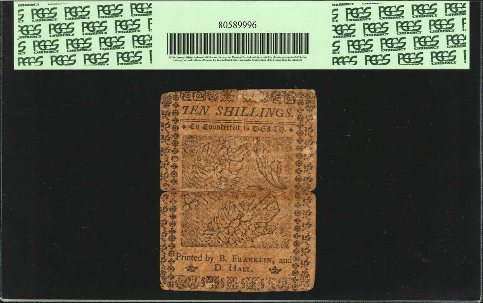 image for: PA-68. Pennsylvania. October 1, 1755. 10 Shillings. PCGS Currency Very Fine 20 Apparent. Edge Splits and Repairs; Minor Stains; Small Paper Pulls on Back.