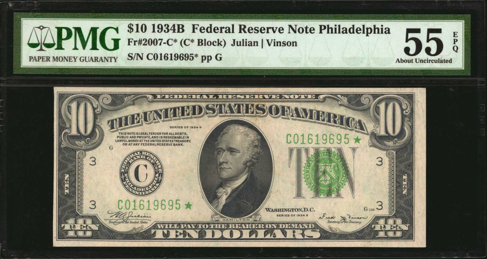 image for: Fr. 2007-C*. 1934B $10 Federal Reserve Star Note. Philadelphia. PMG About Uncirculated 55 EPQ.