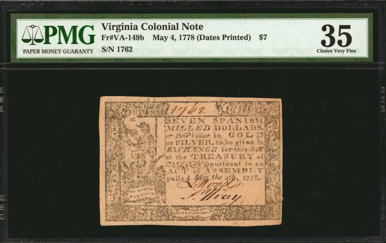 image for: VA-149b. Virginia. May 4, 1778. $7. PMG Choice Very Fine 35.