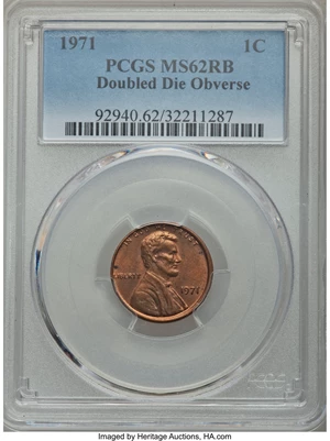 image for: 1971 1C Doubled Die Obverse FS-101 MS62 Red and Brown PCGS. PCGS Population (9/12). NGC Census: (0/0). ...