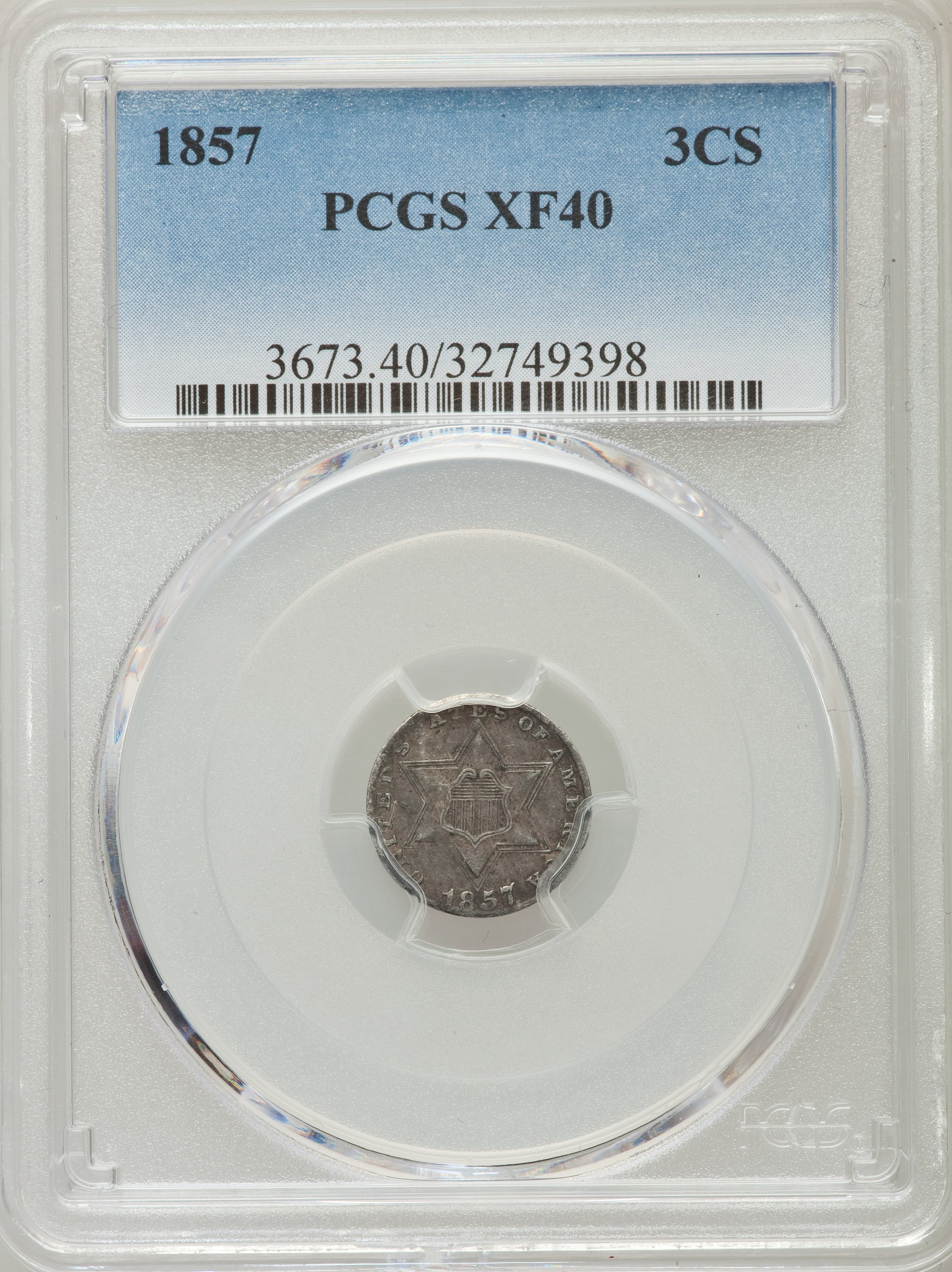 1857 3CS XF40 PCGS. PCGS Population (16/274). NGC Census: (12/311). Mintage: 1,042,000. Numismedia Wsl. Price for problem f...