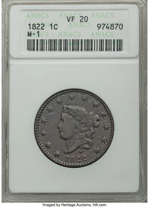 image for: 1822 1C N-1, R.3, VF20 ANACS. NGC Census: (0/9). PCGS Population (0/3). Mintage: 2,072,339. ...