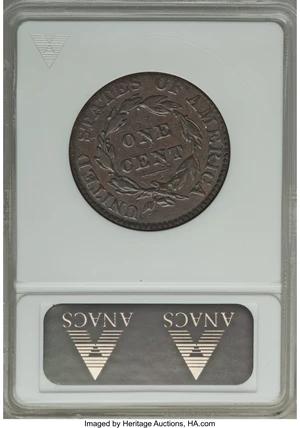image for: 1822 1C N-1, R.3, VF20 ANACS. NGC Census: (0/9). PCGS Population (0/3). Mintage: 2,072,339. ...