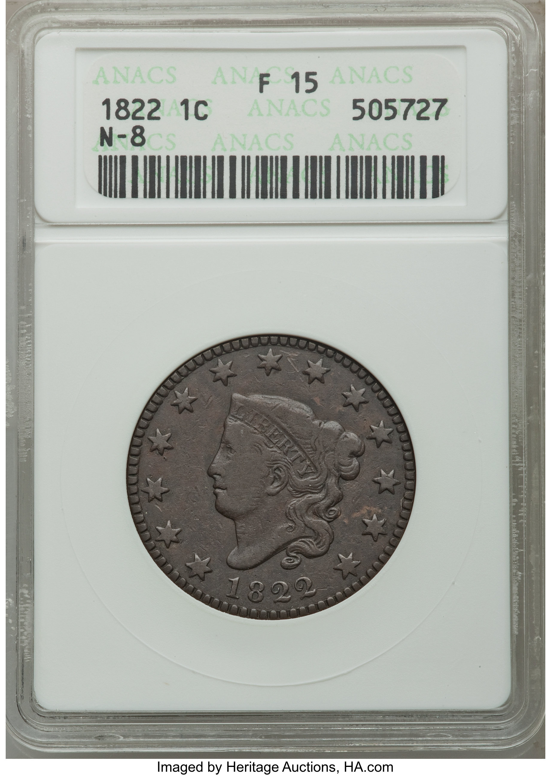 image for: 1822 1C N-8, R.4, Fine 15 ANACS. NGC Census: (0/0). PCGS Population (0/0). Mintage: 2,072,339. ...