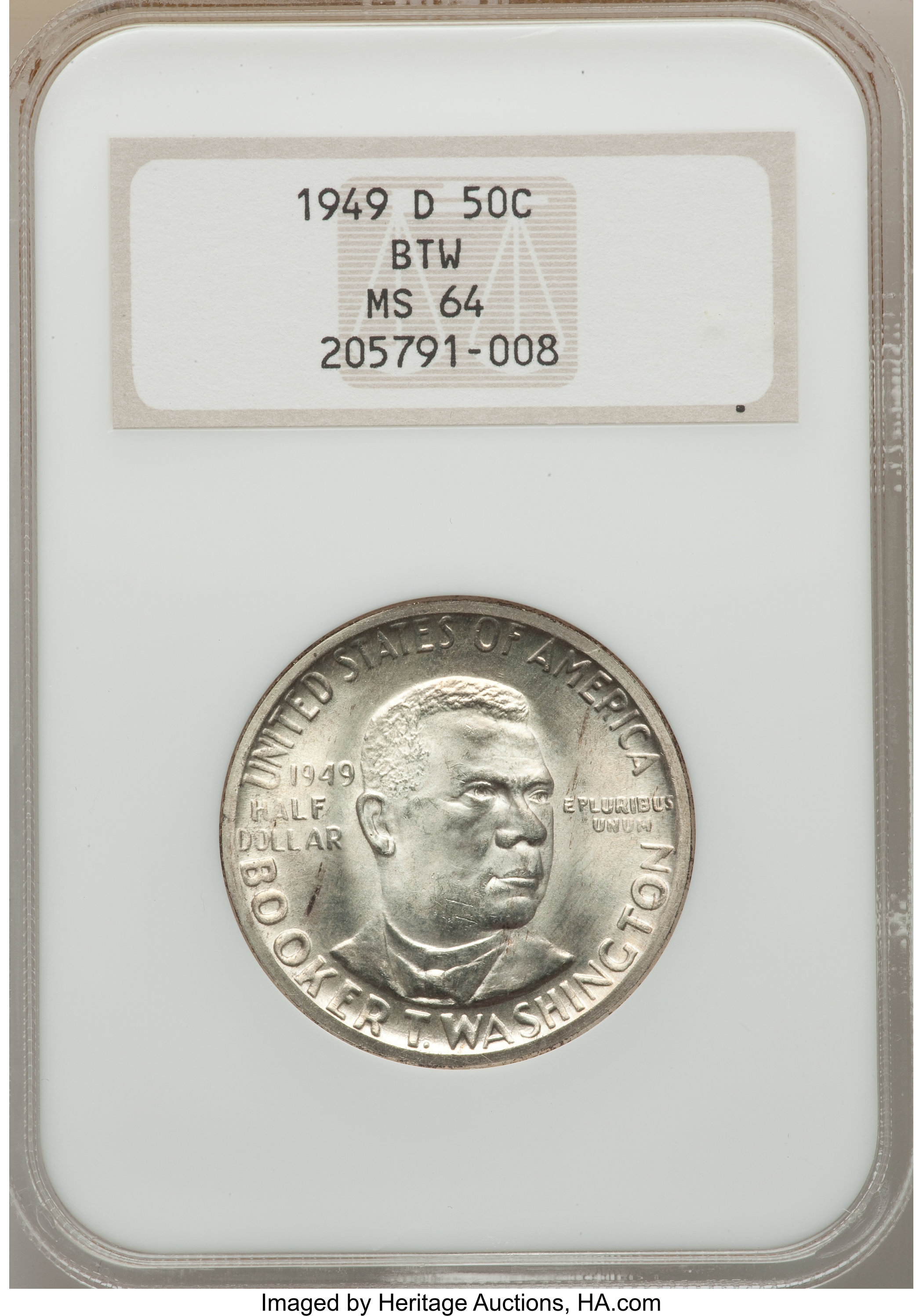 1949-D 50C Booker T. Washington MS64 NGC. NGC Census: (142/605). PCGS Population (376/1014). Mintage: 6,004. Numismedia Wsl...