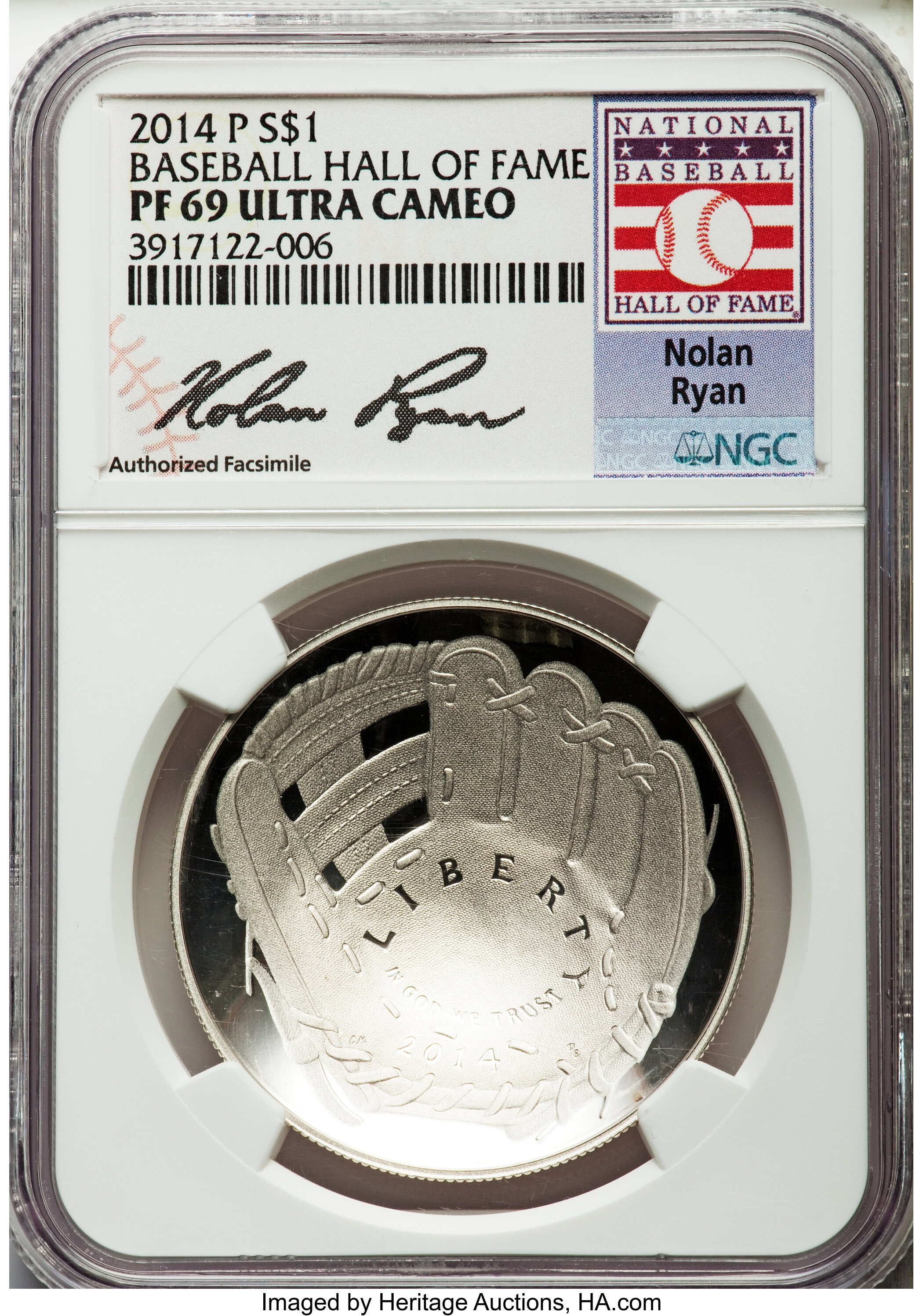 2014-P $1 Baseball Hall of Fame Silver Dollar, Nolan Ryan Signature, PR69 Ultra Cameo NGC. NGC Census: (0/0). PCGS Populati...