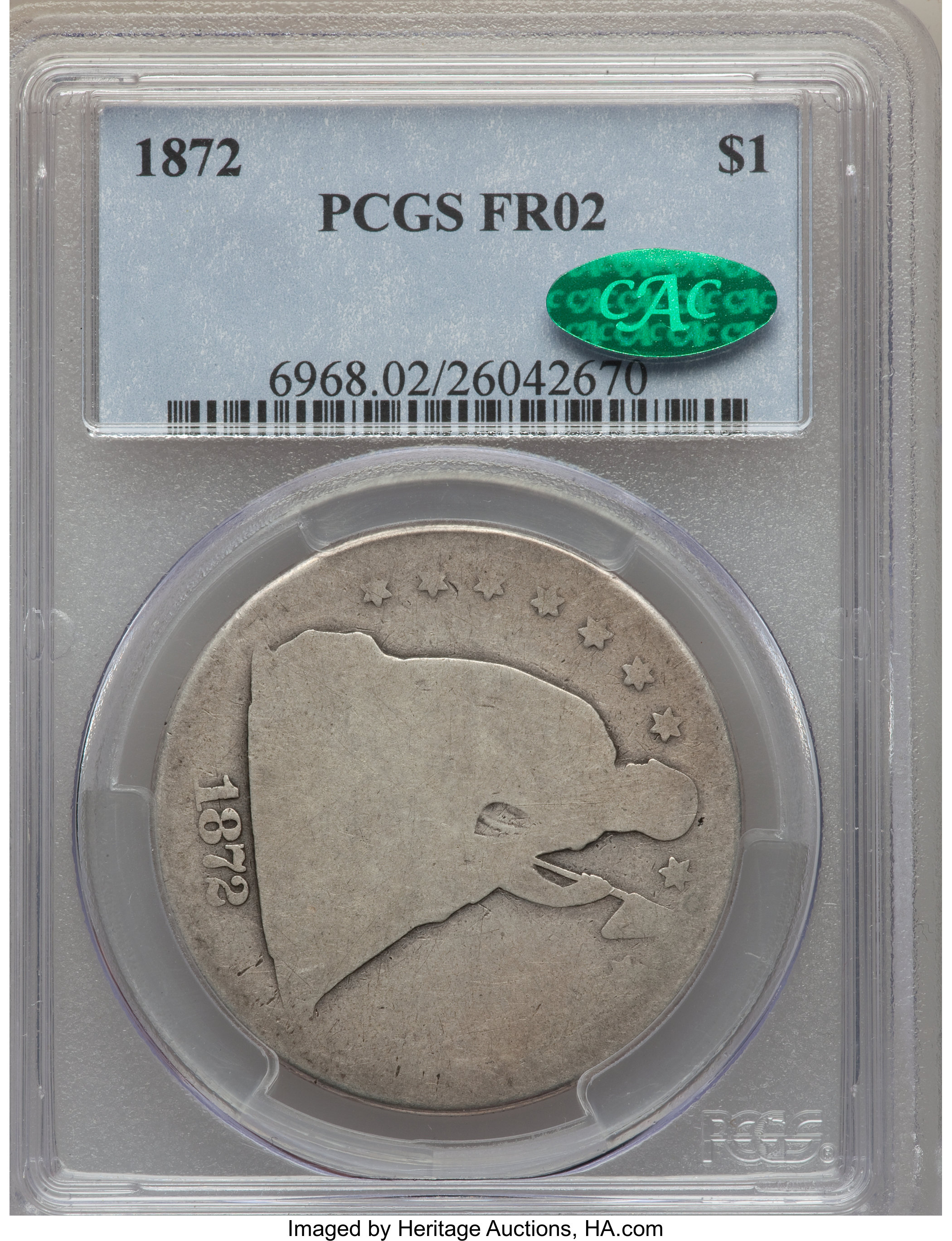 1872 $1 Fair 2 PCGS. CAC. PCGS Population (4/731). NGC Census: (0/541). Mintage: 1,106,450. Numismedia Wsl. Price for probl...