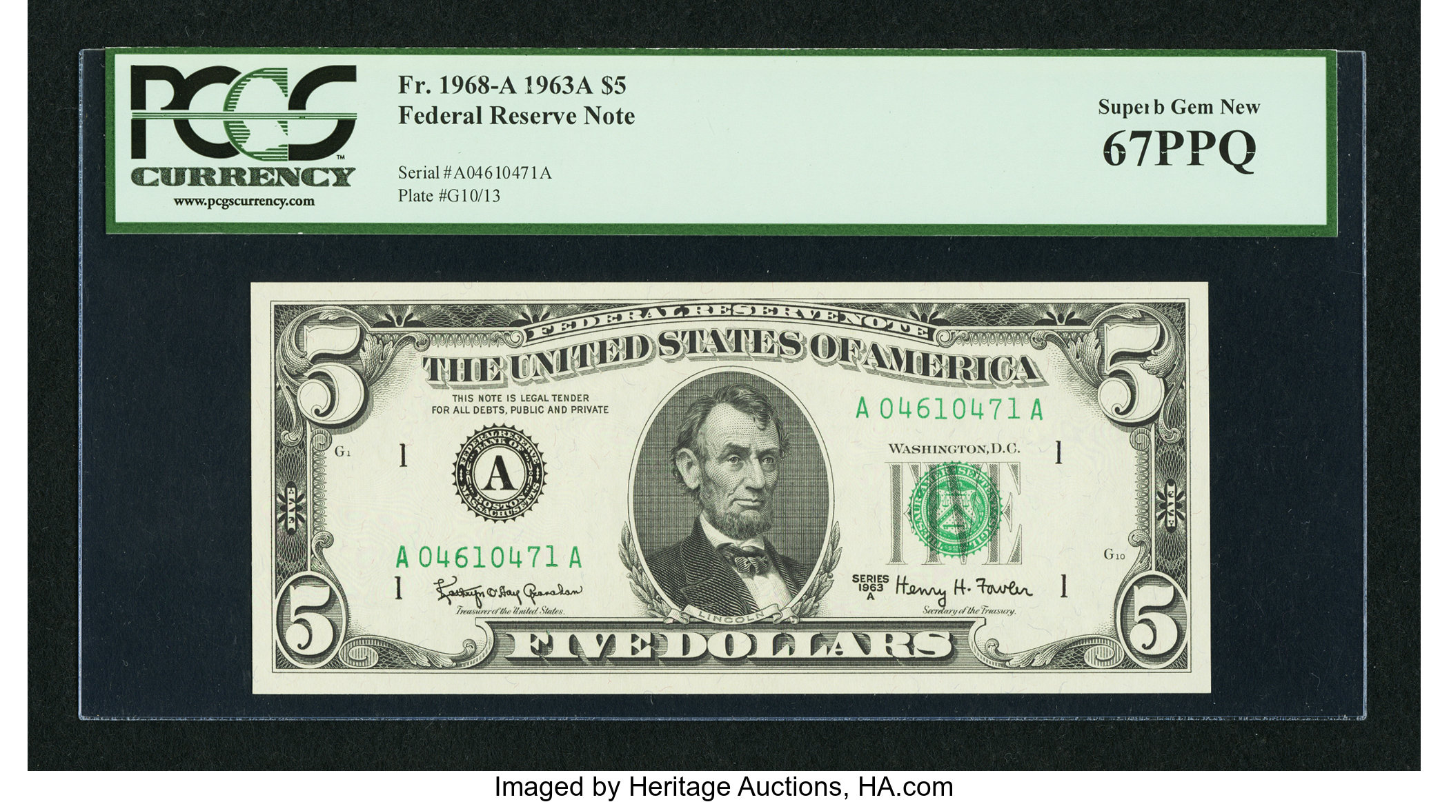 image for: Fr. 1968-A $5 1963A Federal Reserve Note. PCGS Superb Gem New 67PPQ....