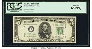 image for: Fr. 1963-I $5 1950B Federal Reserve Note. PCGS Gem New 65PPQ....