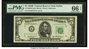 image for: Fr. 1963-K $5 1950B Federal Reserve Note. PMG Gem Uncirculated 66 EPQ....