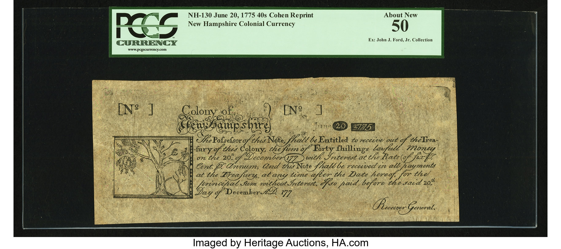 image for: New Hampshire June 20, 1775 40s Cohen Reprint PCGS About New 50....