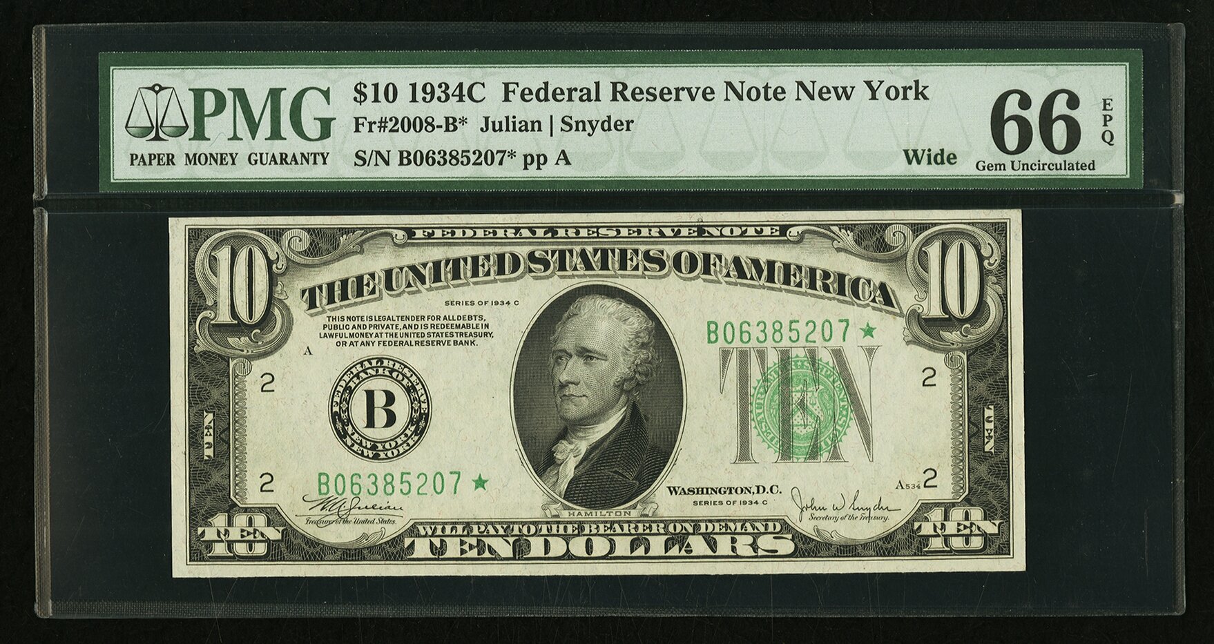 image for: Fr. 2008-B* $10 1934C Federal Reserve Star Note. PMG Gem Uncirculated 66 EPQ....