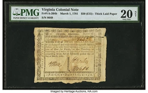 image for: Virginia March 1, 1781 $50 printed on thick laid paper PMG Very Fine 20 Net....