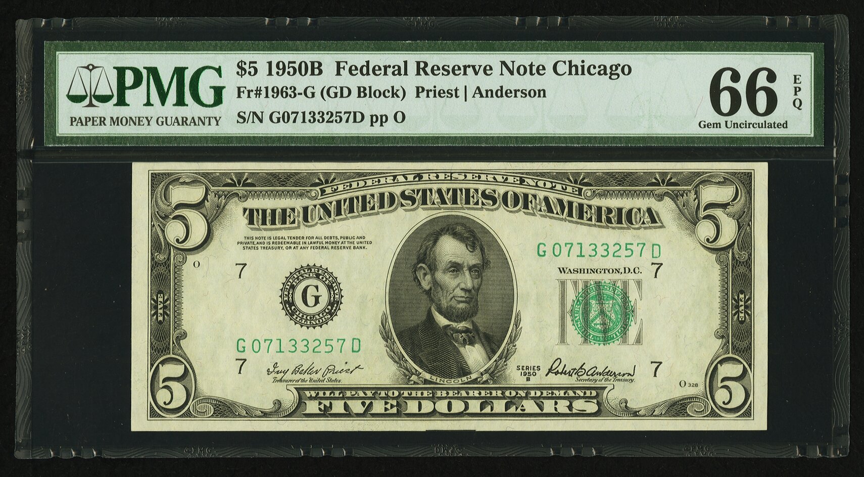 image for: Fr. 1963-G $5 1950B Federal Reserve Note. PMG Gem Uncirculated 66 EPQ....