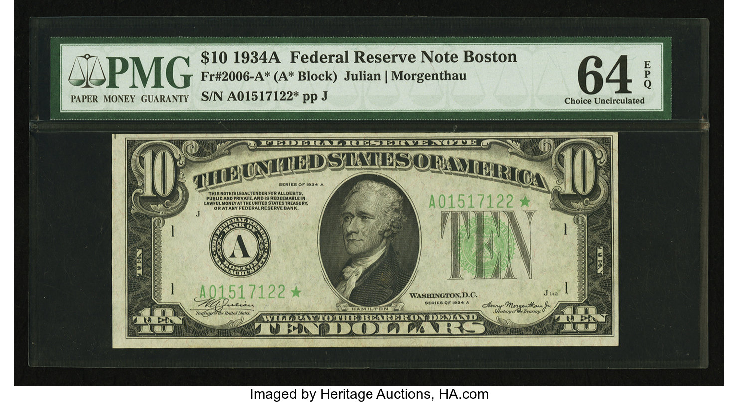 image for: Fr. 2006-A* $10 1934A Federal Reserve Star Note. PMG Choice Uncirculated 64 EPQ....