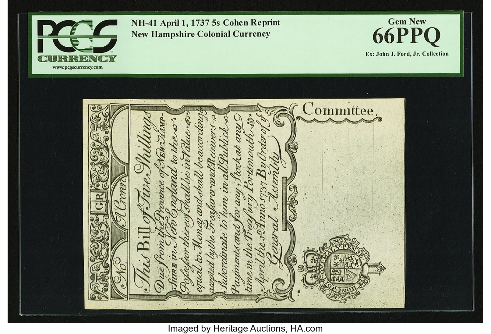 image for: New Hampshire April 1, 1737 5s Cohen Reprint PCGS Gem New 66PPQ....