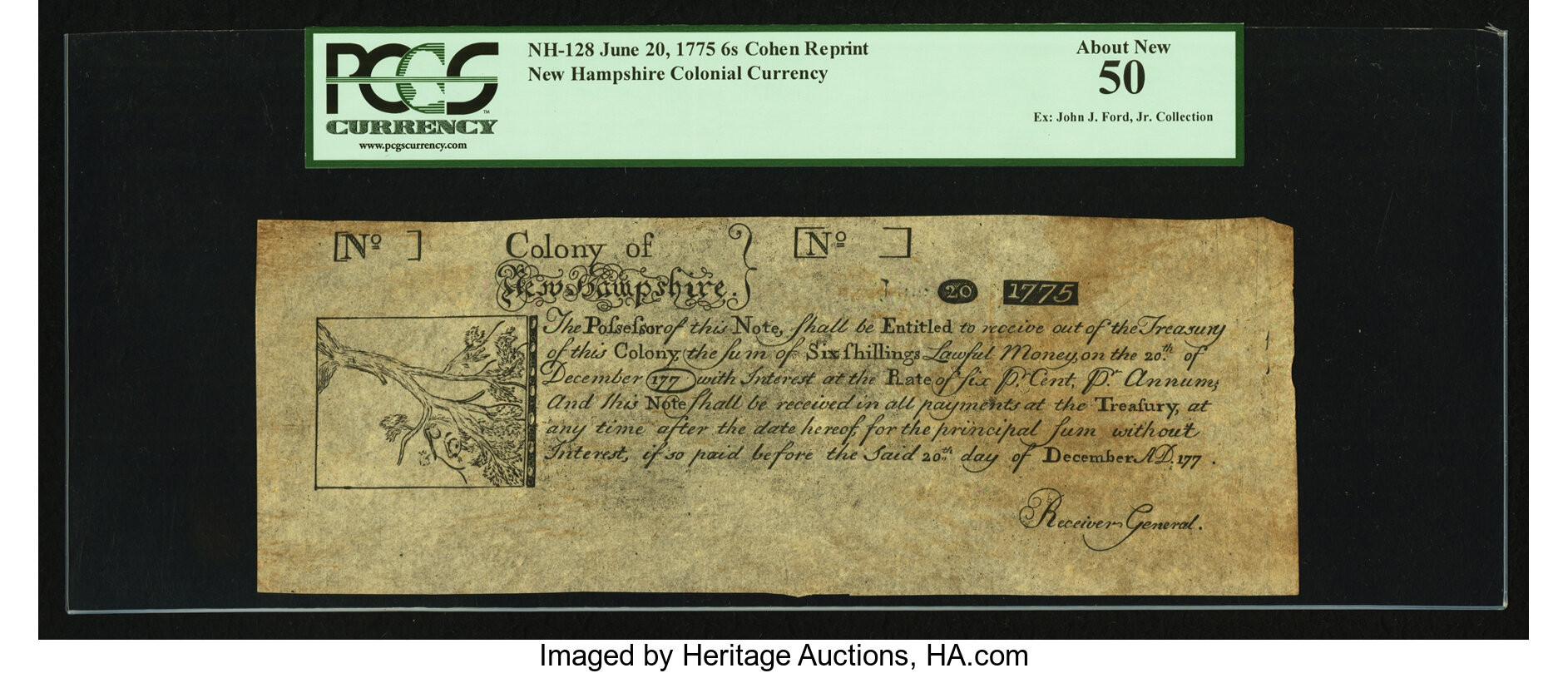 image for: New Hampshire June 20, 1775 6s Cohen Reprint PCGS About New 50....
