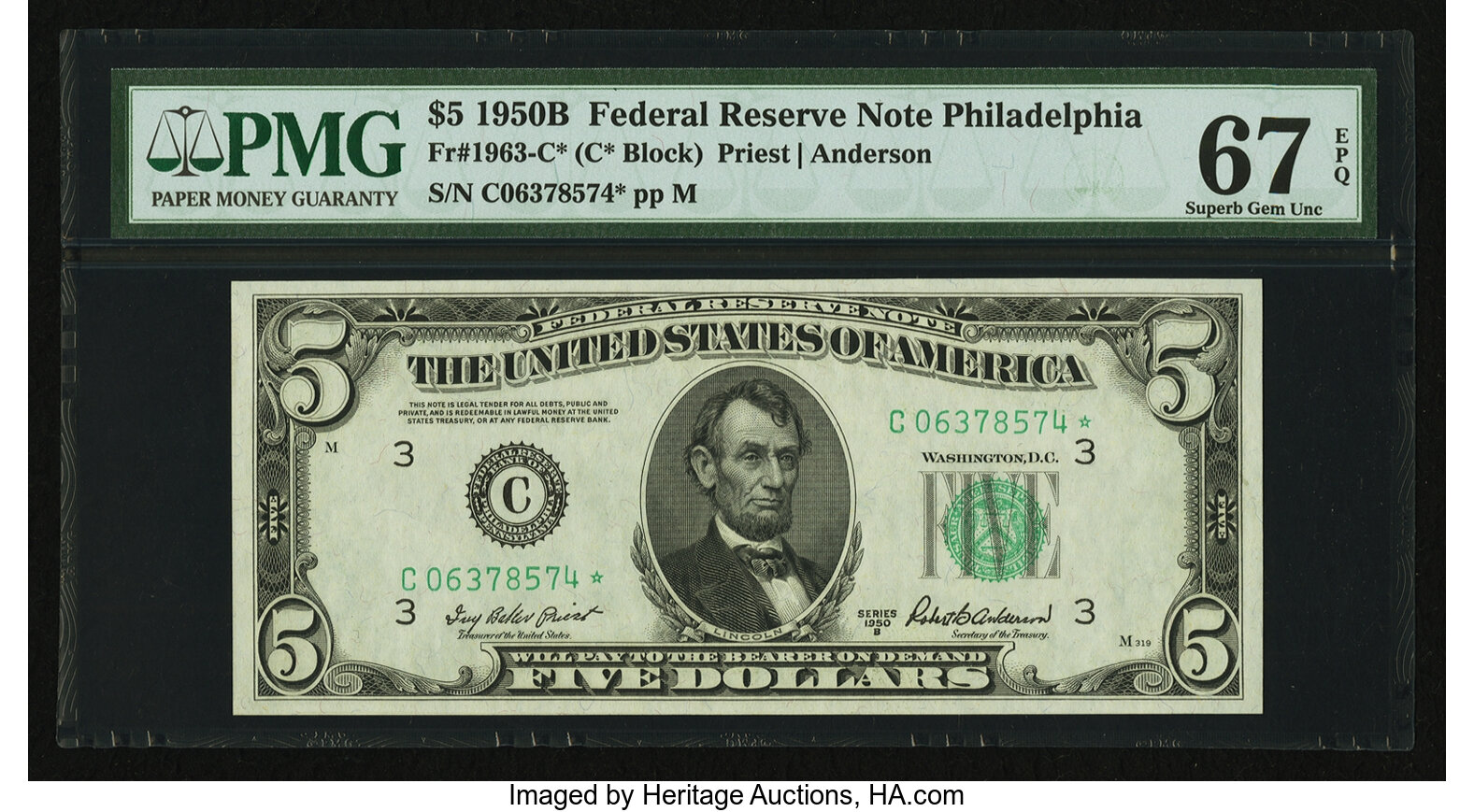image for: Fr. 1963-C* $5 1950B Federal Reserve Note. PMG Superb Gem Unc 67 EPQ....