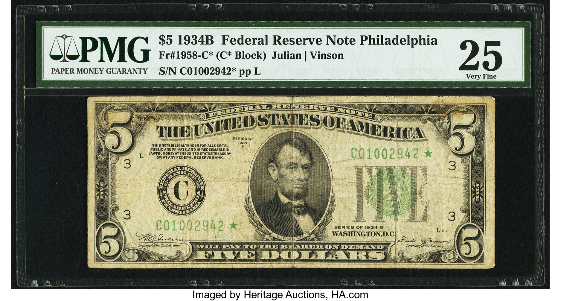 image for: Fr. 1958-C* $5 1934B Federal Reserve Note. PMG Very Fine 25....