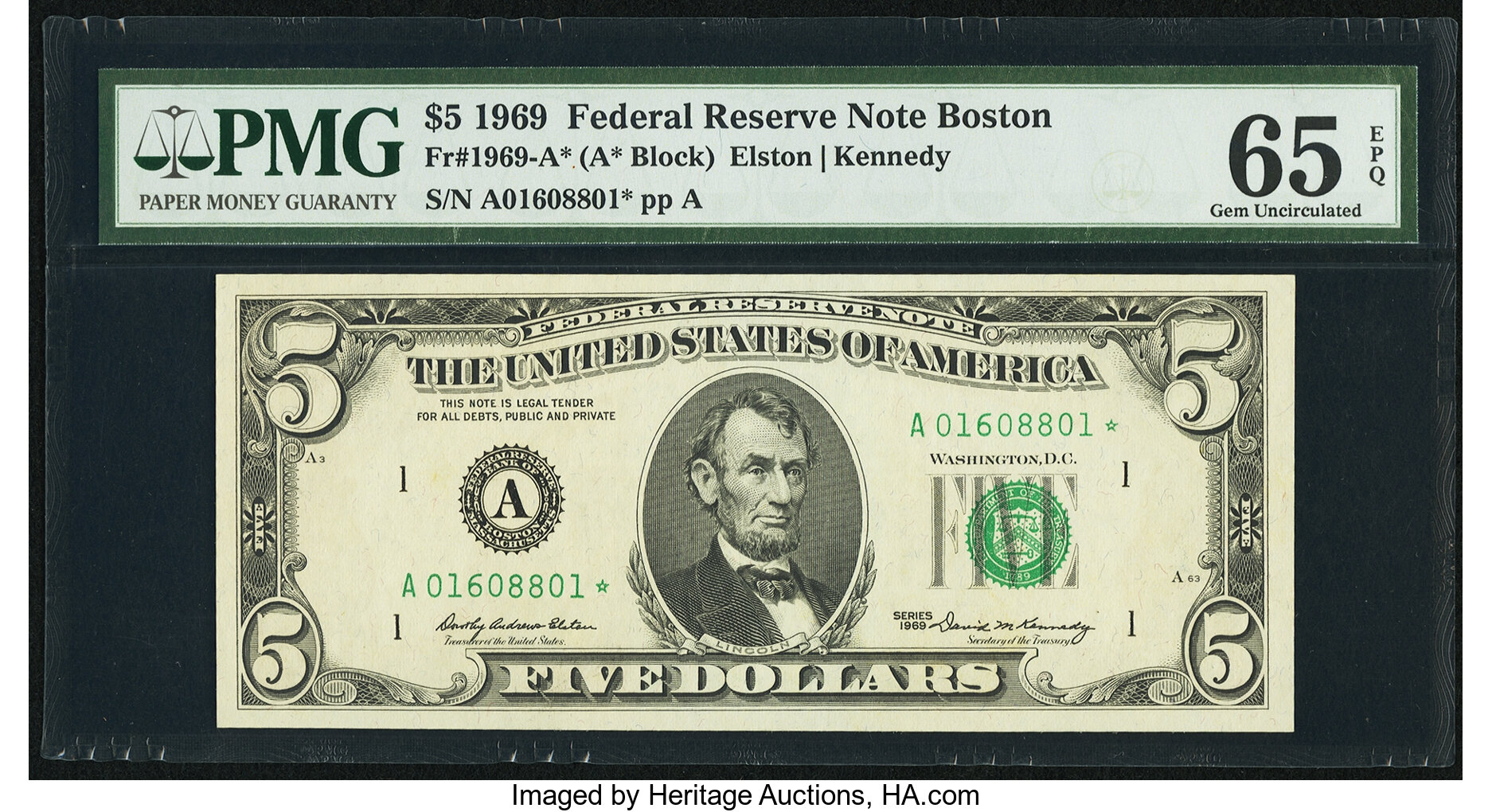 image for: Fr. 1969-A* $5 1969 Federal Reserve Note. PMG Gem Uncirculated 65 EPQ....