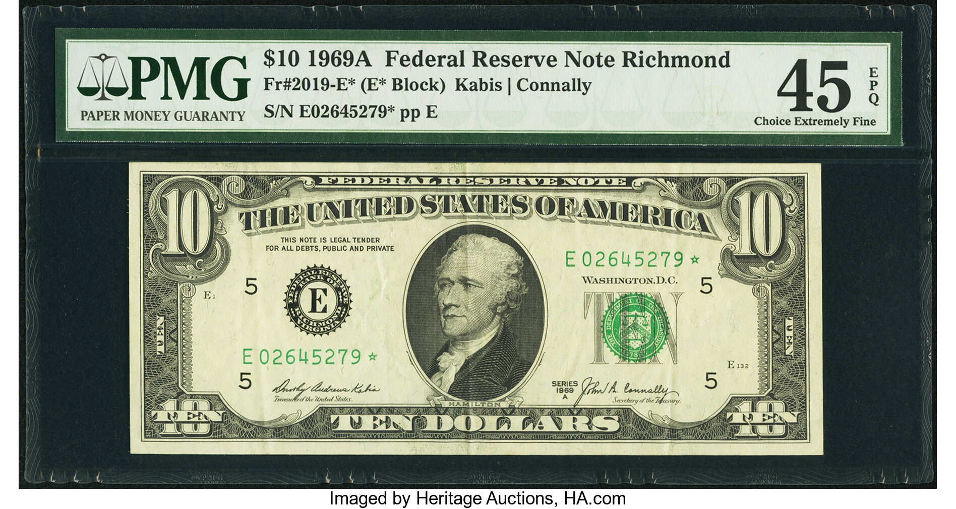 image for: Fr. 2019-E* $10 1969A Federal Reserve Star Note. PMG Choice Extremely Fine 45 EPQ....